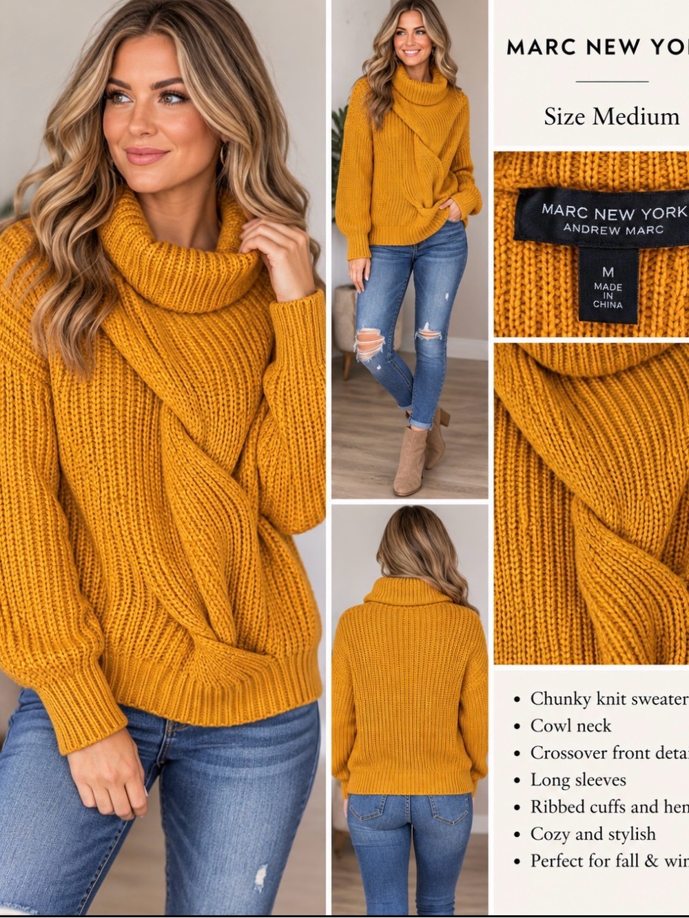 Marc New York Women’s M Mustard Chunky Knit Cowl Neck Crossover Sweater